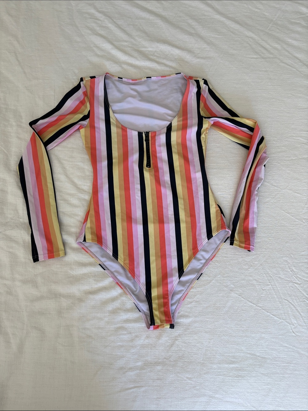 Striped Long-Sleeve Girls One-Piece Swimsuit - Pink/Yellow/Black